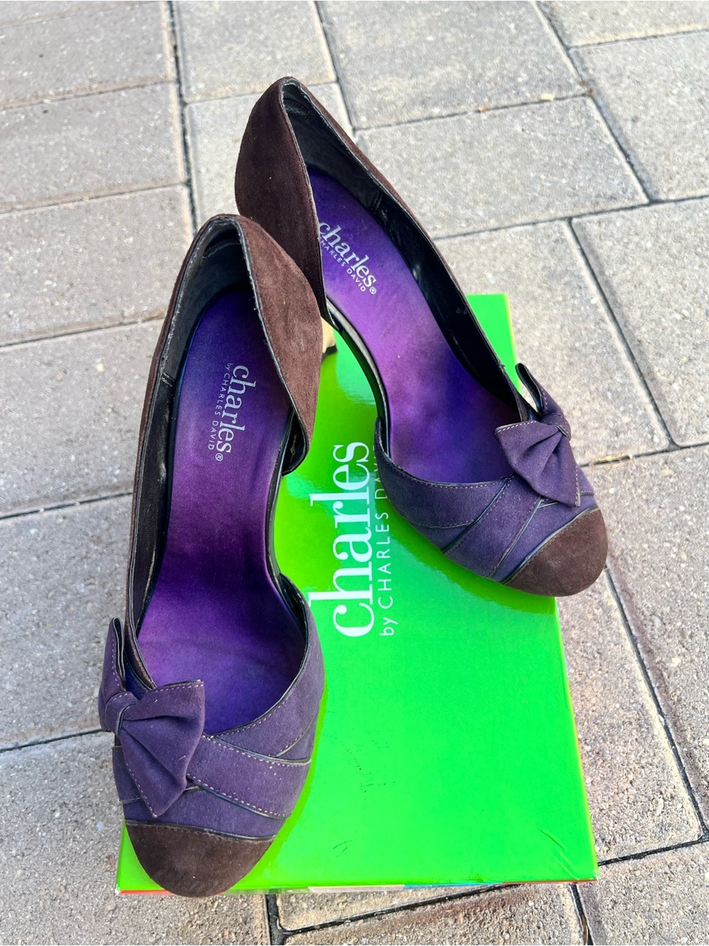 Charles By Charles David Plum Suede Bow Peep-Toe Pumps in brown/purple size 7.5